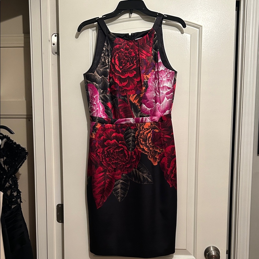 T Tahari Black and Red Floral Midi Dress